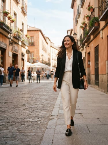 Elegant professional woman in a tailored black blazer and cream trousers walking down a sunny Madrid street, soft natural light, 35mm film look