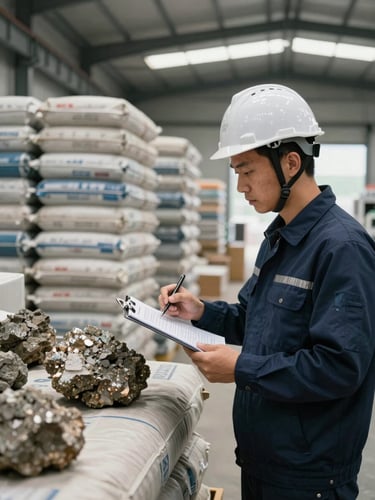 A quality inspector in a hard hat examining a sample of raw mineral ore under north-facing warehouse daylight, holding a clipboard with inspection documents, wide shot showing stacked commodity bags in the background, industrial documentary framing