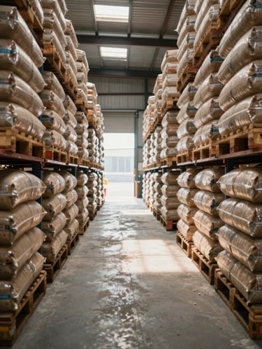 Wide shot looking down a warehouse aisle, pallets of bagged raw commodities stacked floor-to-ceiling on both sides, strong directional natural light entering from the far end, concrete floor, dust visible in shafts of light, industrial documentary framing