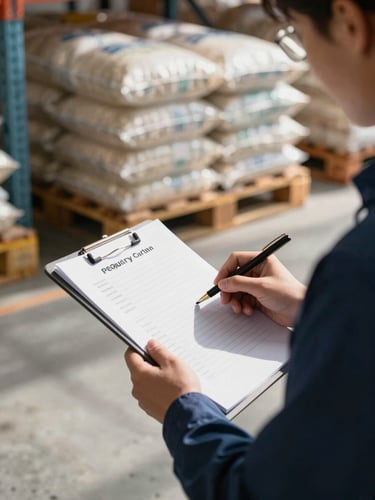 Close-up of a quality control inspector reviewing a clipboard checklist under strong north-facing warehouse light, a palletized shipment of bagged raw materials visible in soft focus behind, concrete floor and metal shelving framing the shot