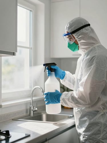 A professional Kuwaiti pest control technician wearing protective gear and gloves, spraying eco-friendly treatment in a clean kitchen corner, bright natural light.