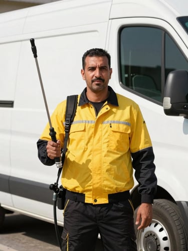 A professional Kuwaiti pest control technician in a clean yellow and black uniform, holding a professional spraying tool, standing next to a clean white service van, bright daytime lighting, medium shot.