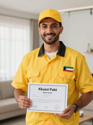 A professional Kuwaiti pest control technician in a clean branded yellow uniform, smiling warmly, holding a safety certificate, standing in a bright modern Kuwaiti living room.