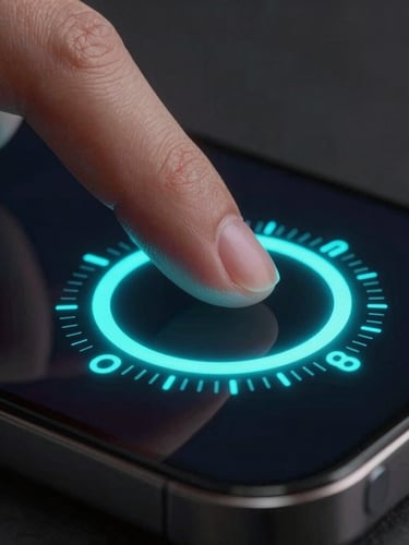 Extreme close-up macro shot of a thumb interacting with a beautifully designed digital dial on a phone screen, vibrant cyan emissive glow, shallow depth of field, realistic skin texture and glass reflection