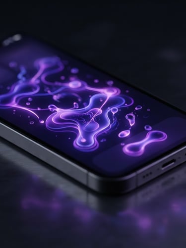 Macro 3D render of a sleek aluminum smartphone screen showing glowing neon purple fluid interface elements, moody dark studio lighting, angled isometric view.