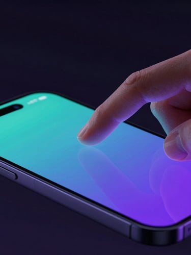 Extreme close-up of a hand interacting with a sleek mobile screen, moody low-key studio lighting with cyan and purple emissive light leaks, macro depth of field