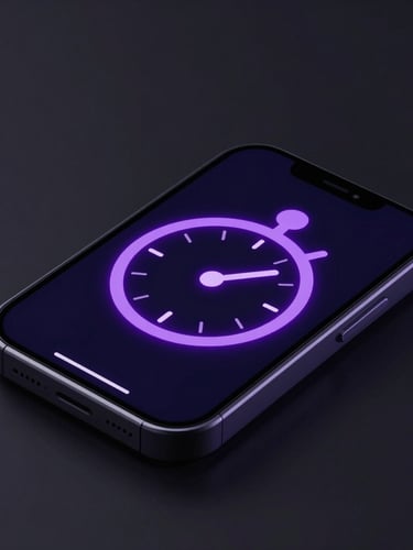 Sleek 3D product render of a mobile screen displaying a minimalist stopwatch interface, moody dark studio lighting, vibrant purple neon accents, macro depth of field, isometric angle