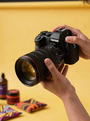 Close-up of a designer holding a professional camera, styling colorful local products on a bright yellow backdrop, high-key studio lighting.