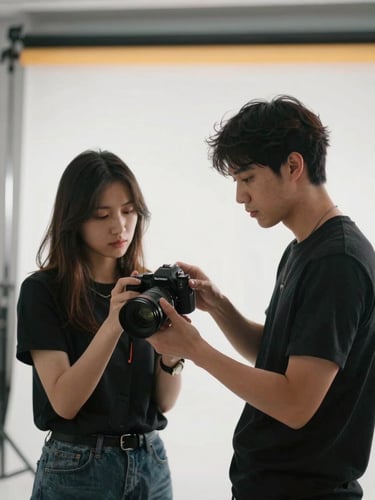 Two real team members collaborating behind the scenes, holding a camera and setting up colorful lighting in a bright studio