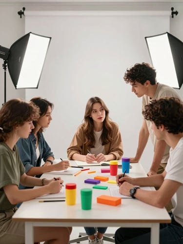 Vibrant high-key studio shot of a creative team collaborating around a table with colorful products and professional lighting equipment, eye-level angle.