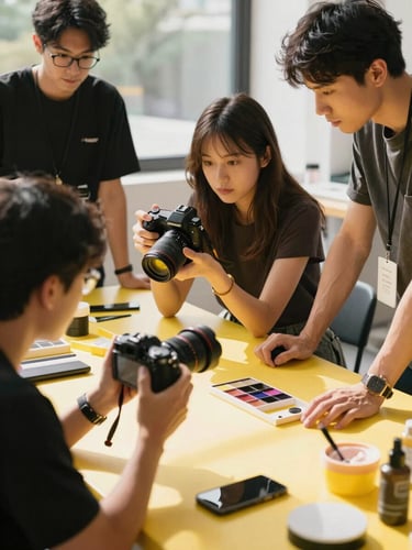 Vibrant eye-level shot of creative team members collaborating around a table with bright yellow accents, holding a camera and styling products under high-key natural sunlight.