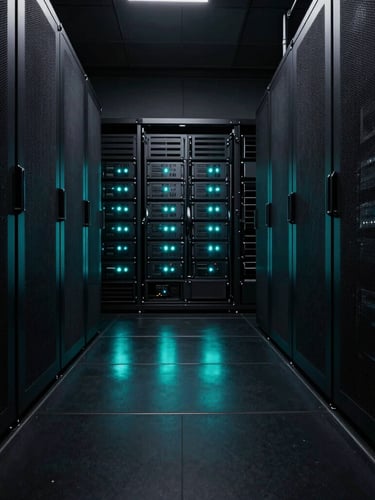 Extreme wide angle of a dark, pristine server room with glowing cyan status indicators reflecting on polished black floors, high-contrast low-key lighting.