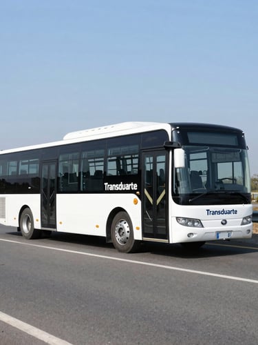 Wide-angle commercial shot of a modern Transduarte corporate bus driving on a clean highway under bright daylight, crisp details, 35mm