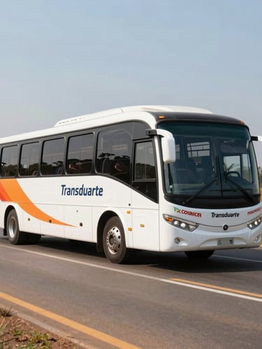 Wide-angle exterior shot of a modern clean Transduarte bus driving on a sunlit highway in Goiás, warm daylight, professional commercial photography, 35mm