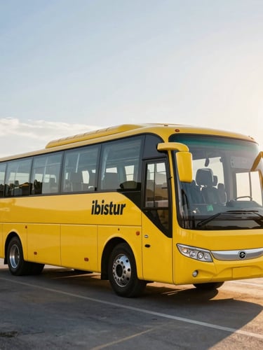 Medium shot of a modern yellow Ibistur tourism bus parked at a scenic viewpoint during golden hour, warm sun flare, professional photography