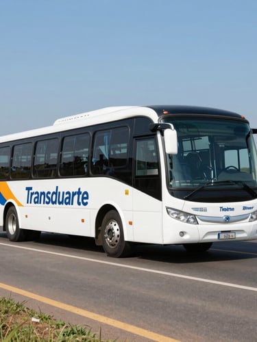 Wide-angle exterior shot of a modern Transduarte bus on a clean highway in Goiás, bright natural daylight, crisp corporate colors, 35mm