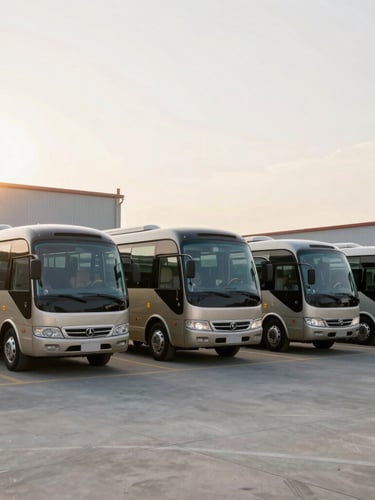 Modern corporate charter bus fleet parked in a clean courtyard, warm golden hour sun flare, professional commercial photography, 35mm