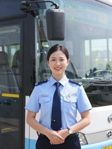 Medium portrait shot of a professional uniformed driver smiling next to a modern bus, bright natural daylight, clean composition