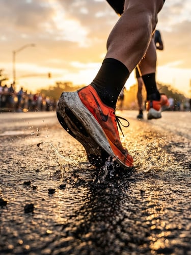 Low-angle heroic action shot of a runner's shoes striking wet asphalt at sunrise, high-contrast early morning sunlight with long dramatic shadows, intense saturated athletic tones
