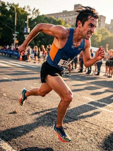 Low-angle heroic action shot of a marathon runner mid-effort, sweat glistening on skin, early morning sunlight casting dramatic shadows on the asphalt, intense saturated athletic tones.