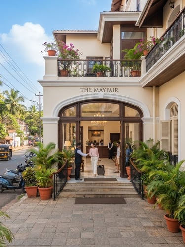 Bright exterior photography of a clean city hotel entrance in Margao Goa during daytime, clear blue sky, realistic