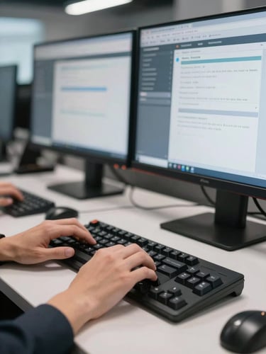 Close-up of a call center agent's hands resting on a mechanical keyboard, dual monitors showing CRM interface in the background, even overhead task lighting on the work surface, shallow environmental depth showing adjacent workstation