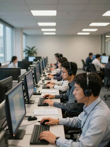 Wide environmental shot of a corporate call center operations floor, rows of agents at workstations with headsets, overhead ceiling lights mixed with cool window light from the left, screens glowing in the foreground, shallow depth pulling focus to the active workspace, no posed figures