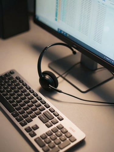 Close-up overhead study of a call center workstation: keyboard in the foreground, a headset resting beside a monitor displaying data grids, task lighting casting a focused pool of light on the desk surface, no visible faces