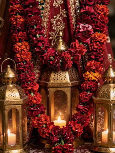 Close-up of layered Mehndi ceremony decor — ruby red marigold garlands draped over gold metallic lanterns, warm candlelight catching the texture of embroidered fabric behind, intimate framing showing the depth of pattern and material layering
