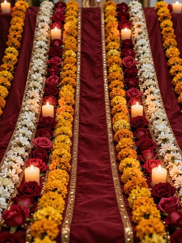 Close-up of a Mehndi stage backdrop — layers of marigold and rose florals woven into deep ruby fabric panels, warm candlelight catching gold metallic thread, shot from a low angle showing the full vertical sweep of the arrangement