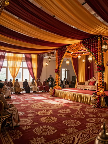 Wide panoramic shot of a fully decorated Mehndi ceremony hall — rich ruby and saffron fabric draped from ceiling rigging to floor, garlands of marigolds and roses framing a low seating stage at the right third, warm ambient lighting illuminating layers of textile pattern and metallic lanterns, the full room depth visible, guests' chairs arranged in intimate arcs, natural golden light filtering from high windows on the left