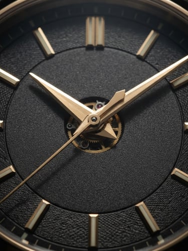 Extreme macro close-up of a luxury watch dial and golden hands, dramatic side-lit studio lighting, deep charcoal background