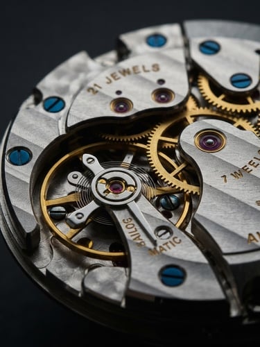 Extreme macro shot of a mechanical watch movement, golden gears and balance wheel, dramatic side-lit studio lighting, deep charcoal background, sharp focus on mechanical details