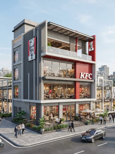 Wide-angle architectural exterior of a modern, multi-story KFC franchise outlet in an upscale Indian commercial district, bright clean daylight, sharp focus, 35mm lens
