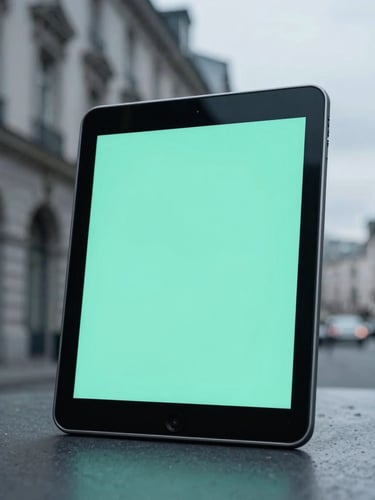 Macro close-up of localized digital ad mockups on a sleek tablet, overcast daylight, desaturated blues with sharp mint accents, 35mm.