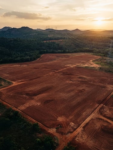 High-altitude aerial editorial photography of vast, cleared red-soil land parcel in Karnataka, high-voltage transmission lines in the background, golden-hour sunlight, 35mm