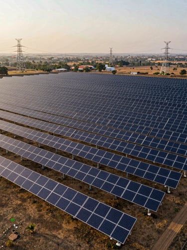 High-altitude drone photography of a massive solar energy array stretching across the dry plains of Karnataka, high-voltage transmission towers in the background under crisp golden hour sunlight