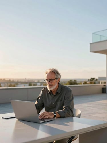 Wide environmental portrait of a senior software engineer working on a sunlit terrace, architectural lines, bright natural daylight, sharp focus