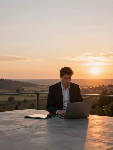 Wide editorial shot of a professional working on a sun-drenched terrace overlooking a quiet valley, warm sunset orange light, sharp focus