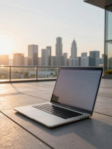 A professional working on a sunlit terrace with architectural lines, warm golden-hour light reflecting on a clean metallic laptop, expansive view of a modern city skyline in the background, sharp focus, editorial photography.