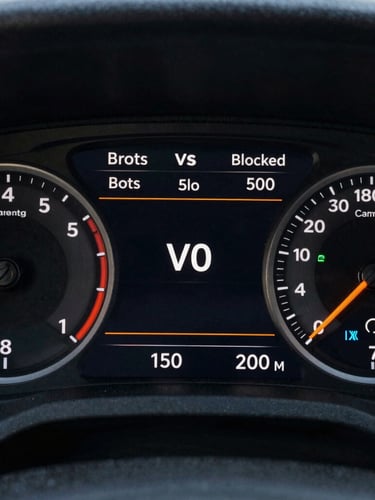 High-contrast digital rendering of a technical dashboard showing clean traffic vs blocked bots, crisp UI elements, safety orange accent lines, dark charcoal background