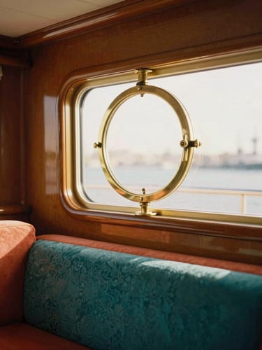 Interior of a boutique luxury yacht cabin, sun-drenched brass porthole, rich colorful textiles in terracotta and teal, warm golden light, shallow depth of field.