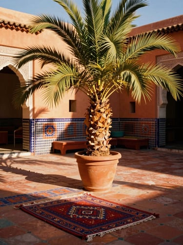 Sun-drenched Moroccan courtyard with vibrant terracotta tiles, rich hand-woven textiles, and golden-hour light casting long shadows across potted palms.