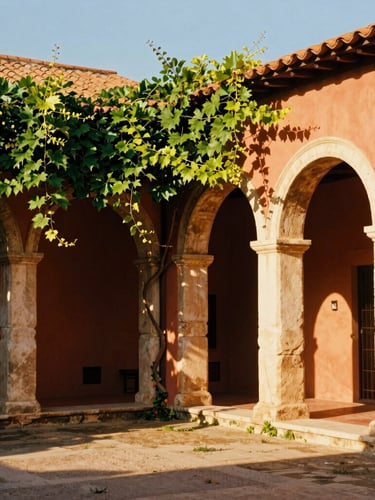 Sun-drenched ancient Roman courtyard with terracotta walls, warm golden-hour light streaming through stone arches, lush green vines, vibrant editorial photography, highly saturated rich colors, 35mm film aesthetic, shallow depth of field