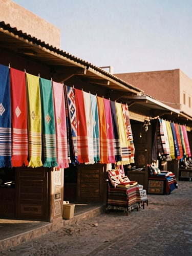 A vibrant, sun-drenched street market in Marrakech, rich terracotta walls, colorful textiles hanging, warm golden-hour sunlight, 35mm film aesthetic