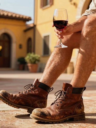 A traveler with dusty leather boots sitting in a sun-drenched Italian courtyard, holding a glass of red wine, warm golden-hour light, vibrant editorial photography, highly saturated rich colors, 35mm film aesthetic, shallow depth of field