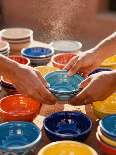 Vibrant close-up of hands arranging colorful ceramic bowls in a sun-lit Moroccan workshop, warm terracotta dust in the air, golden-hour light.