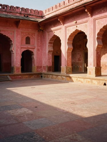 Sun-drenched courtyard in Jaipur, intricate pink terracotta walls, shadows stretching across the tiled floor, warm golden-hour light.