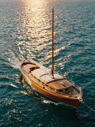 A vintage wooden yacht gliding on deep teal Mediterranean waters, golden hour sunlight reflecting off the sea, warm saturated tones, 35mm film aesthetic.