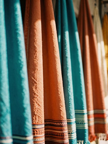 Vibrant close-up of sun-drenched Moroccan textiles hanging in a bustling market street, rich terracotta and teal colors, warm golden-hour light, 35mm film aesthetic.